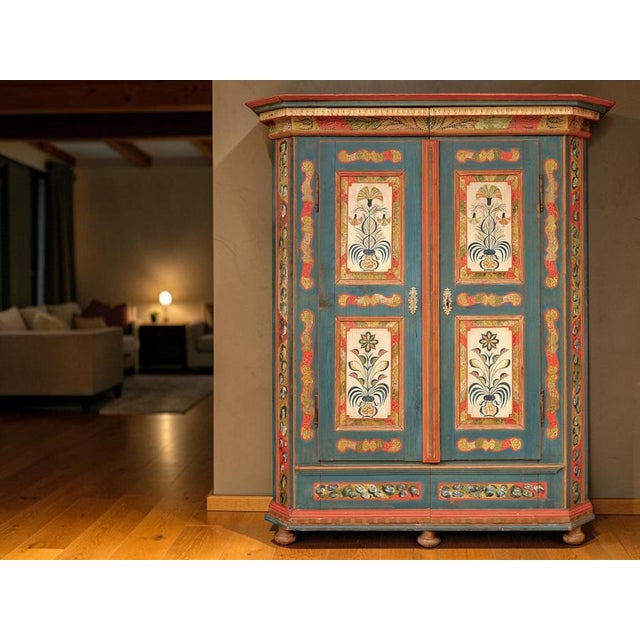 Alpine Blue Floral Painted Cupboard For Sale - Image 3 of 18