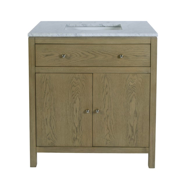 2020s Nora 32 in. W Rectangular Wood & Marble Bathroom Vanity with Storage, Light Oak For Sale - Image 5 of 11