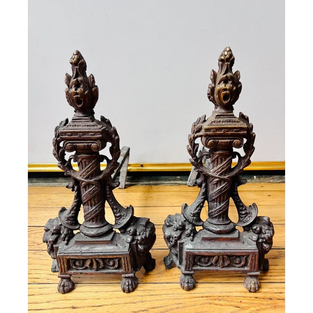 1920s French Styled Ornate Brass Andiron Pair For Sale - Image 4 of 4
