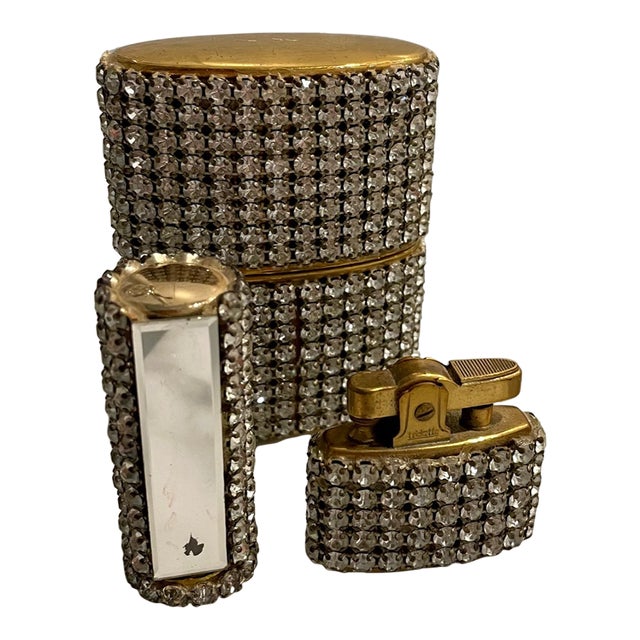 1950s Rhinestone Cigarette Box, Lighter and Lipstick Case Set Trickette by Weisner For Sale