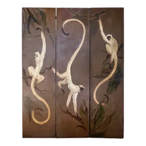 Antique Folding Screen - Large Wooden Hand Painted