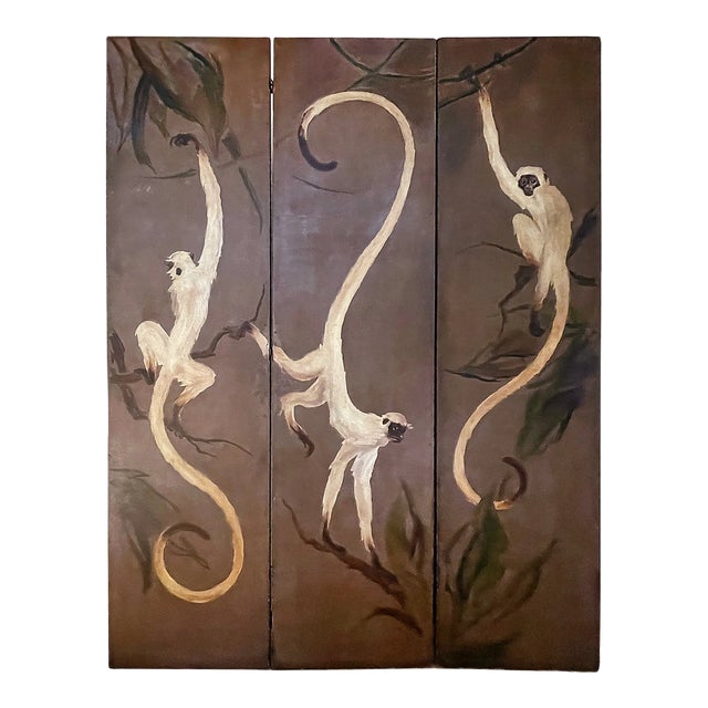 Folding Screen Large Antique Wooden Hand Painted For Sale