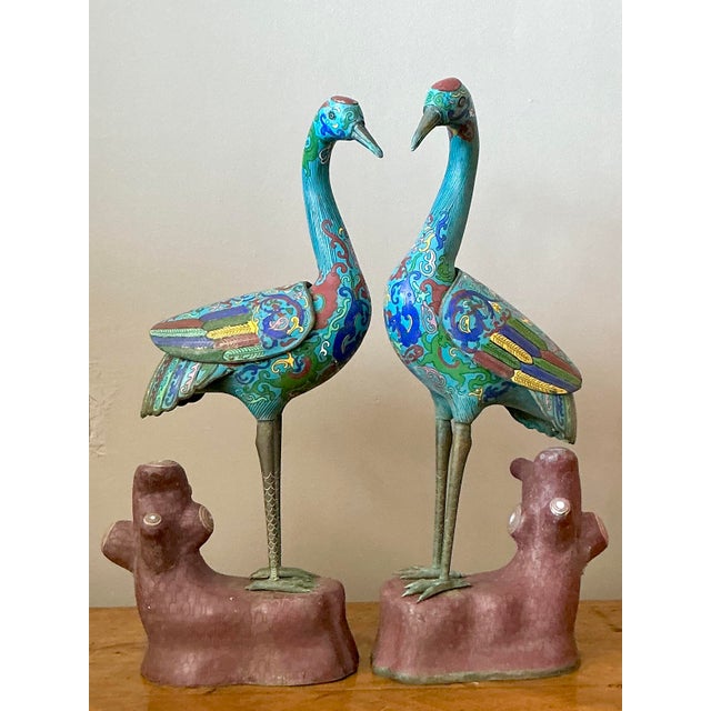 Chinoiserie Vintage Asian Cloisonné Enameled Cranes - Set of 2 For Sale - Image 3 of 10