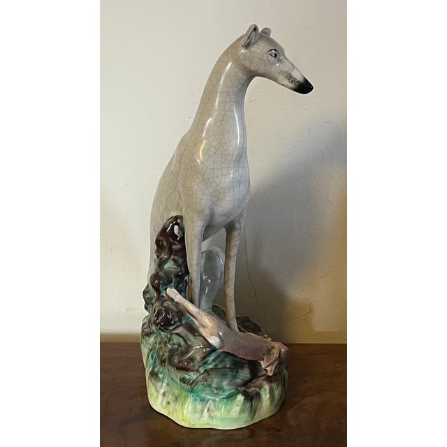 Very Large Antique 19th Century English Staffordshire Pottery Dog Figure of a Greyhound or Whippet and Hare or Rabbit For Sale - Image 4 of 16