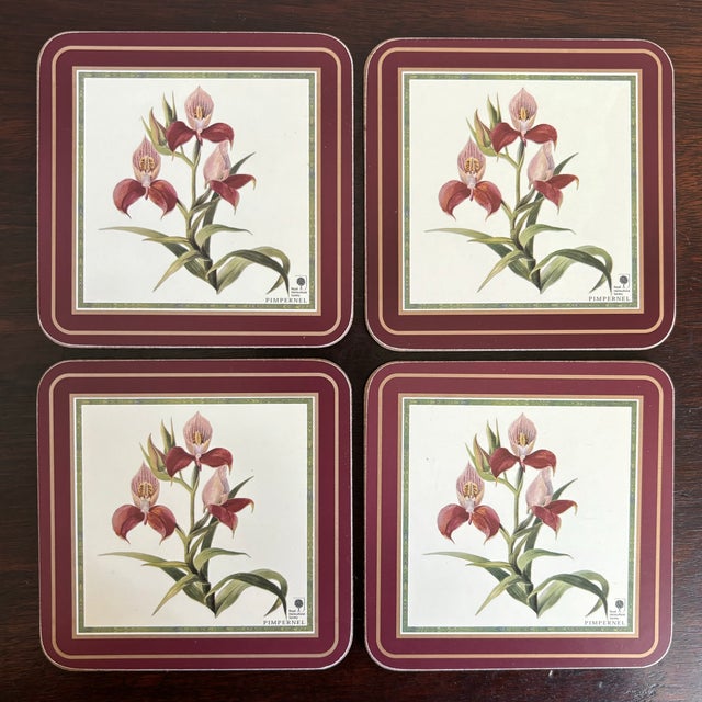 Pimpernel, England Royal Horticultural Society Botanical Orchid Coasters — Set of 4 For Sale - Image 9 of 12
