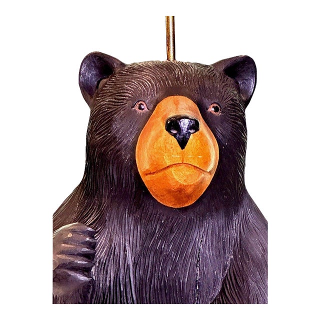 Vintage Carved Wood Black Bear Table Lamp 38" Rustic Cabin Lodge Adirondack Decor For Sale