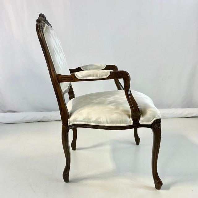 1980s Vintage Hollywood Regency French Provincial Open Arm Bergere Side Chair, Newly Reupholstered For Sale - Image 16 of 17