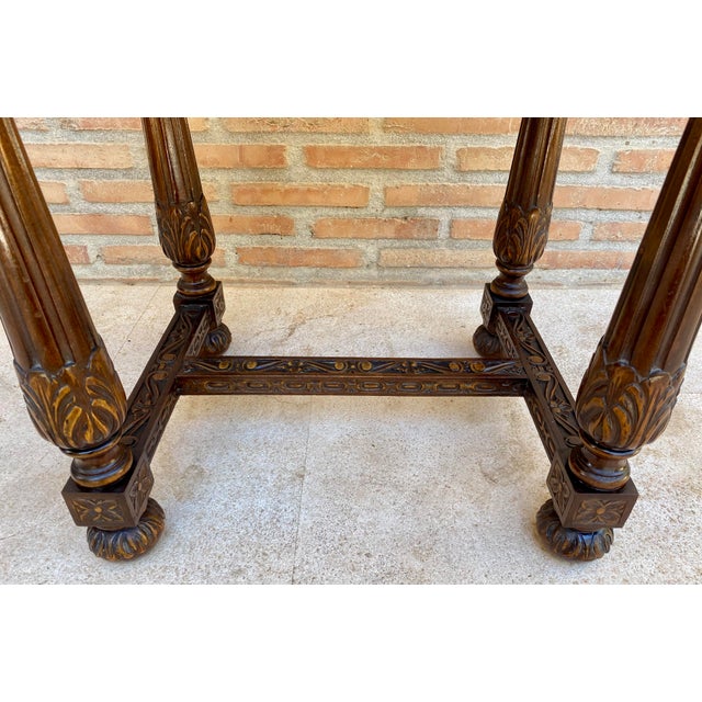 Brown Early 20th Century Spanish Carved Walnut Side Table with One Drawer, 1940s For Sale - Image 8 of 14