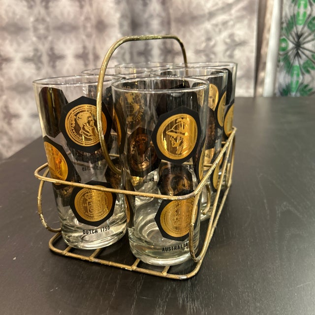 Mid-Century Modern 1950s Vintage Coins Around the World Highball Glasses in Original Brass Caddy 7 Pieces Total For Sale - Image 3 of 10