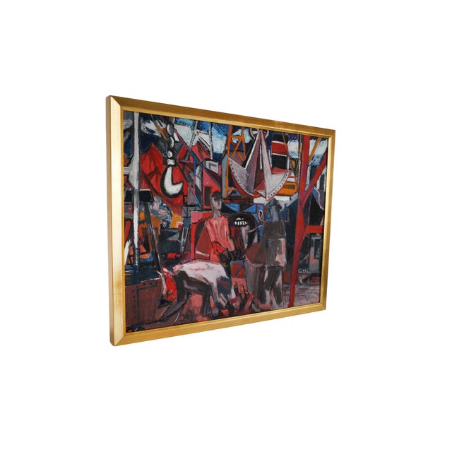 This figurative expressionist modernist painting of the Port de Caen in France, is an expressive mid-century painting...