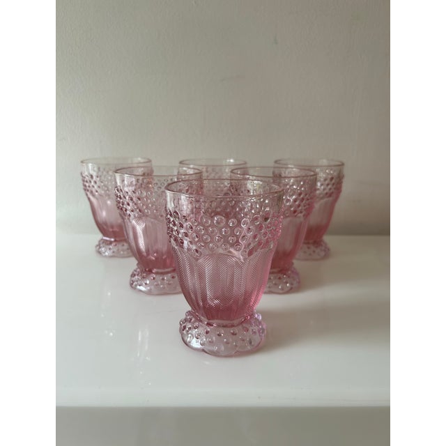 Adorable vintage pink hobnail, scalloped edge party set. Punchbowl, six glasses and divided plate. Probably manufactured...