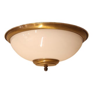 Flat Vintage Ceiling Lamp with White Glass Shade in Patinated Brass Mount, 1990s For Sale