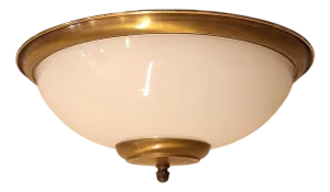 Flat Vintage Ceiling Lamp with White Glass Shade in Patinated Brass Mount, 1990s