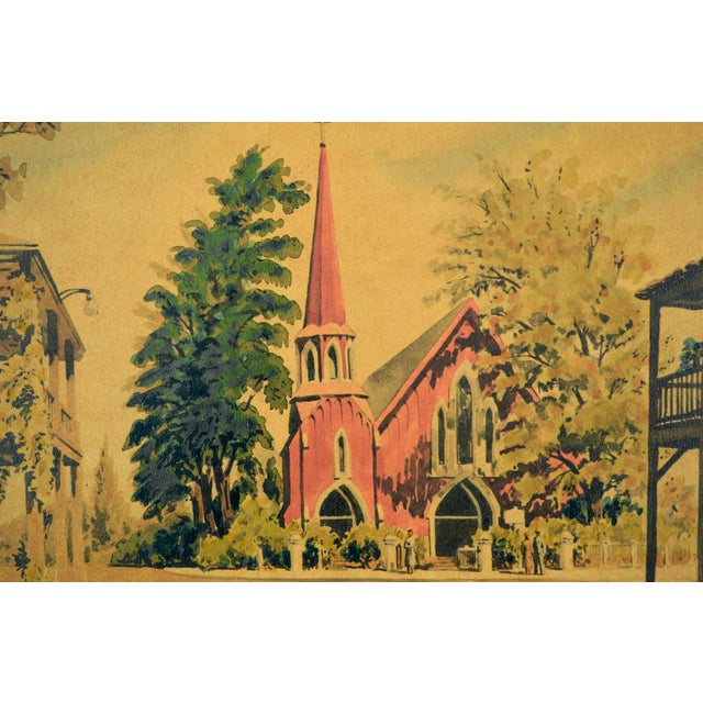 1950s "Sunday Service", Mid-Cent Figurative Village Scene With Church, Frank Serratoni For Sale - Image 5 of 6