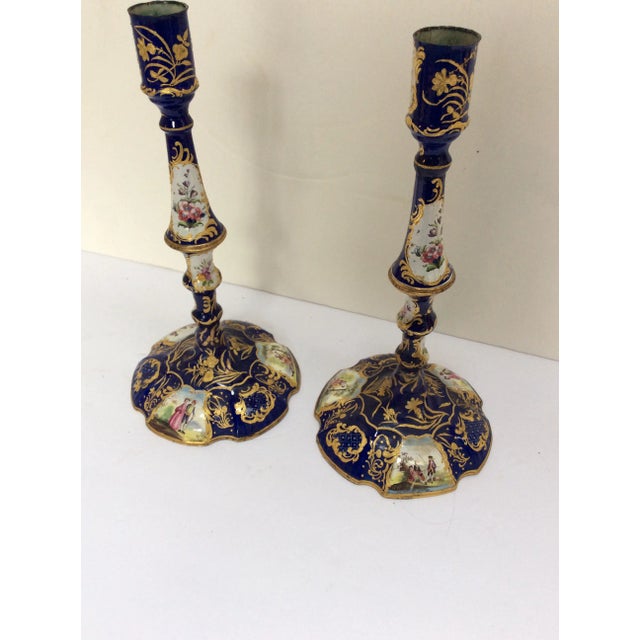 Paint English Enamel Candlesticks - A Pair For Sale - Image 7 of 7