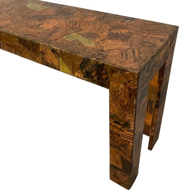 Vintage 1970's Brutalist Style Copper & Brass Patchwork Console Table Featuring Squared Off 90 degree angle Legs Metals...