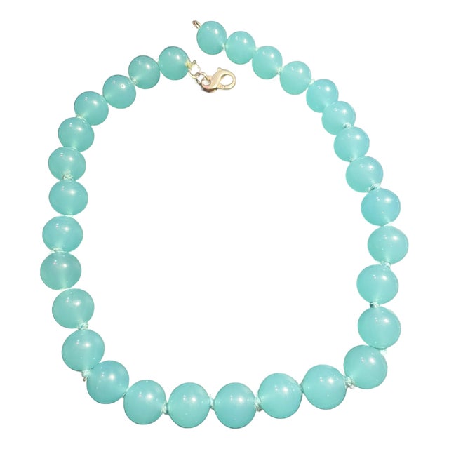 Vintage Peking Aqua Glass Hand-Knotted Silk Strand For Sale