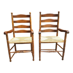 Pair of Mid Century Habersham Maple and Rush Seat Armchairs