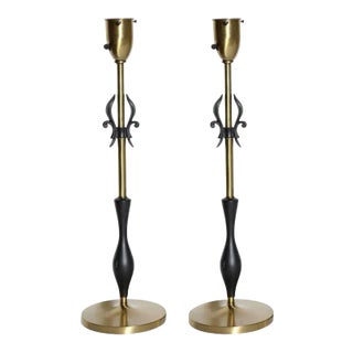 1950s Rembrandt Lamp Co. Brass & Black Fleur-de-Lis Black Handled Lamps - A Pair For Sale