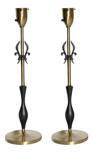 1950s Rembrandt Lamp Co. Brass & Black Fleur-de-Lis Black Handled Lamps - A Pair