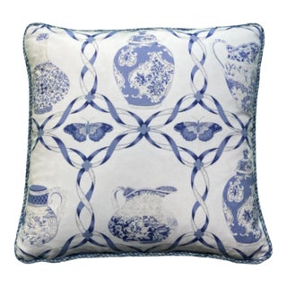 Blue and White Ceramics Butterfly Ribbon Designer Pillow With Down Feather Insert For Sale