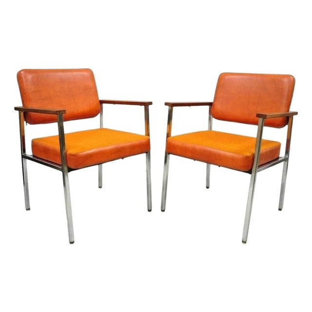 Vintage Mid Century Modern Orange Naugahyde Chrome Arm Chairs by Malibu - A Pair For Sale