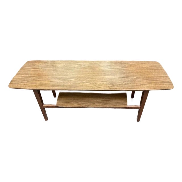 Walnut Frame & Faux Grain Formica Top Two Tier Coffee Table c.1960 For Sale