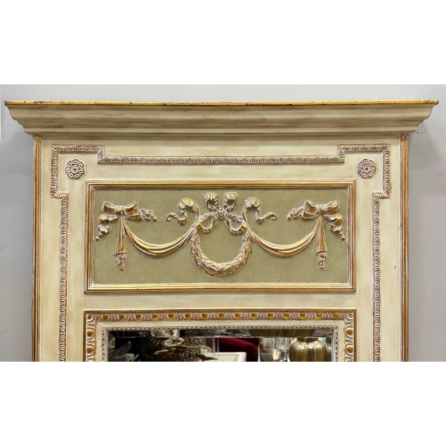 French Vintage Carved Wood Beveled Trumeau Mirror in Louis XVI Style, Painted and Gilt For Sale - Image 3 of 9
