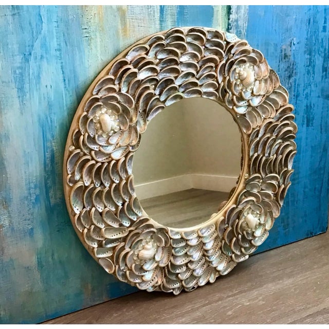 Perfectly round Mirror festooned with pretty delicate silver grey iridescent natural shells highlighted by white turbo...