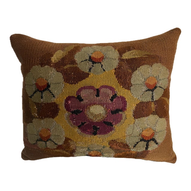 18th Century French Aubusson Wool Tapestry Pillow With Floral Medallion Style For Sale