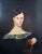Original 19th century American portrait featuring a waist-length view of a stoic woman in a black dress with a lace...