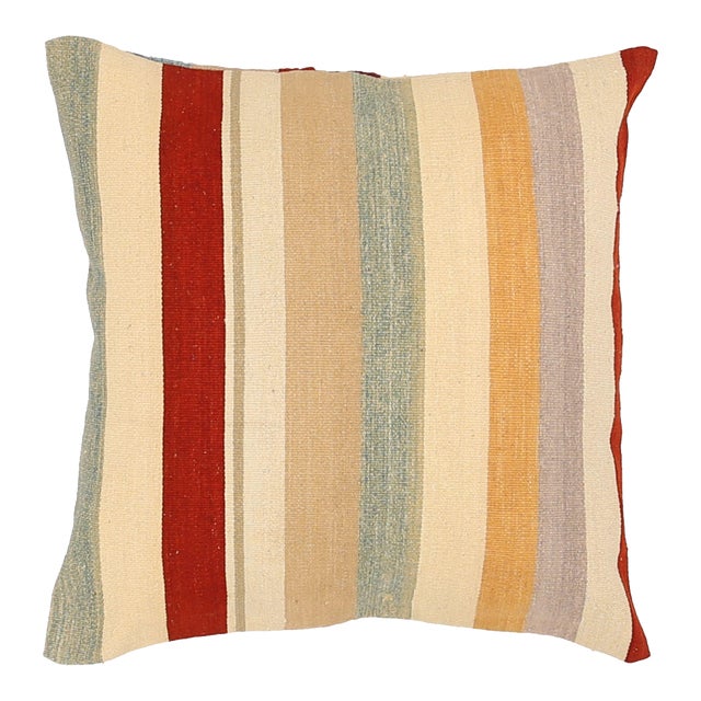 Arteverk Handwoven Reversible Wool Kilim Floor Pillow — Red & Gold Stripe (26") For Sale