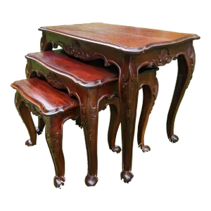 1960s Queen Anne Solid Cherry Wood Cabriolet Legs Carved Floral Swag Motif Nesting Tables - Set of 3
