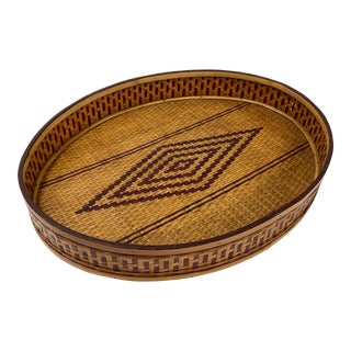 Vintage Oval Two Tone Woven Tray For Sale