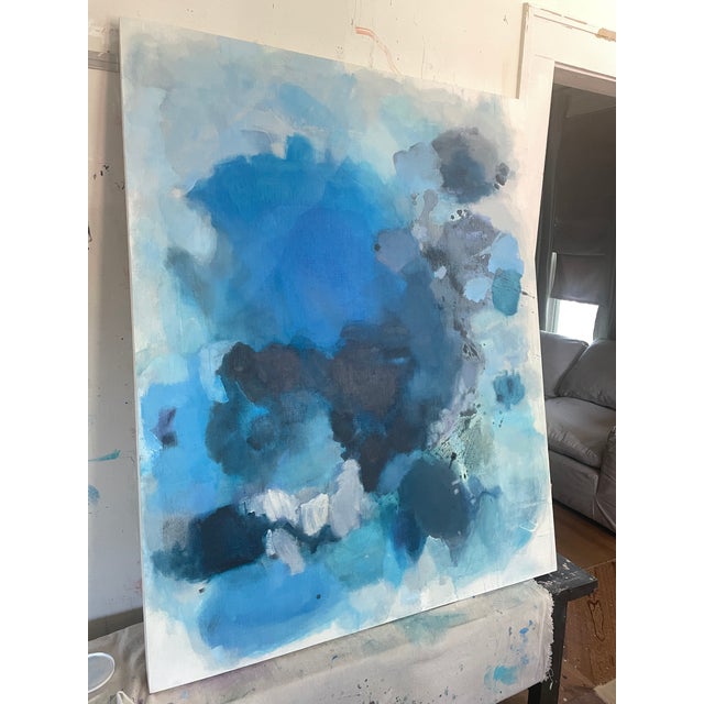 Large Atmospheric Blue Lyrical Abstraction Painting by Stacey Warnix With Deep Indigo Accents For Sale - Image 10 of 11