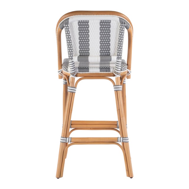 Wood Lila Rattan 28 in. Seat Height Bar Stool with Back and Footrest, Gray/White Stripe/ Natural Rattan Frame For Sale - Image 7 of 9