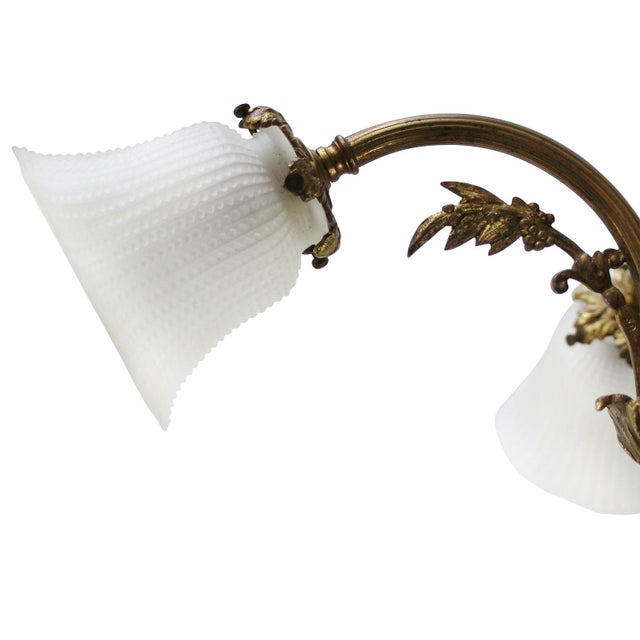 Art Nouveau Brass and Satin Glass Four-Flame Chandelier For Sale - Image 5 of 9