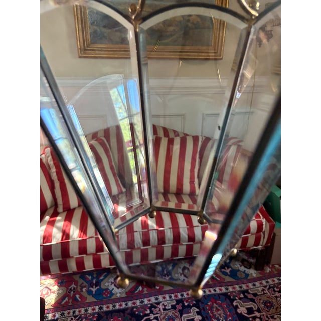 Late 20th Century Italian Brass and Glass Hexagonal Hall Lantern For Sale - Image 4 of 5