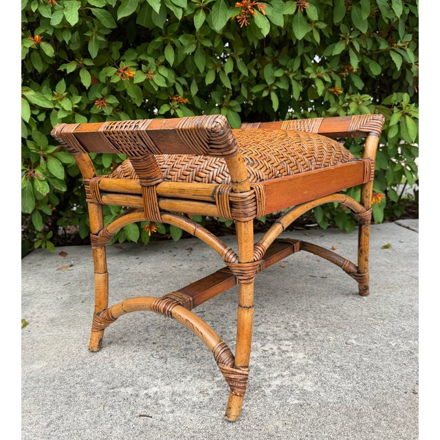 Late 20th Century Vintage Palm Beach Woven Rattan & Bamboo Ottoman Foot Stool For Sale - Image 5 of 10