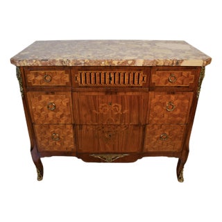 1890 Antique French Louis XV Marquetry Inlay Marble Top Dresser Chest of Drawers For Sale