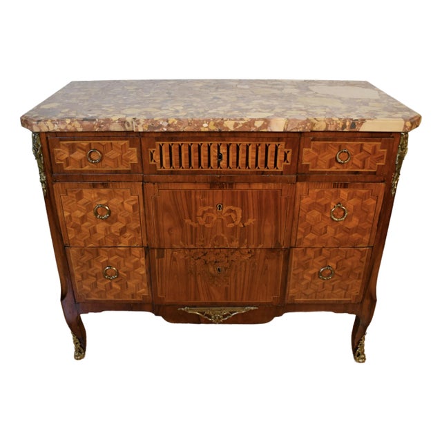 1890 Antique French Louis XV Marquetry Inlay Marble Top Dresser Chest of Drawers For Sale