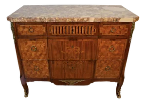 1890 Antique French Louis XV Marquetry Inlay Marble Top Dresser Chest of Drawers
