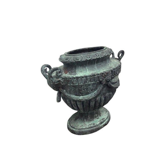Neoclassical Classical Style Cast Iron Garden Urn With Ram's Head Handles For Sale In West Palm - Image 6 of 11