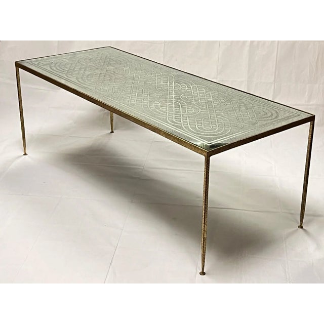 Mid-Century Modern Gilt Bronze Coffee Table with Engraved Glass Top For Sale - Image 9 of 12