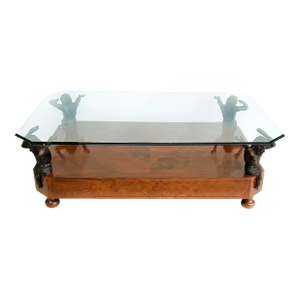 Maitland Smith Wood, Bronze Figure Supports Coffee Table With a Glass Top