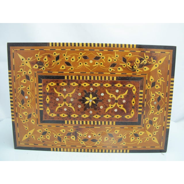 Late 20th Century Moroccan Thuya Burl Wood Marquetry Mother of Pearl Inlaid Jewelry Lock Box For Sale - Image 5 of 11