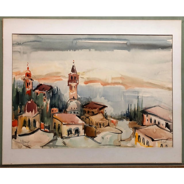 Cityscape with buildins, minarets and turrets and water off in distance. Probably Acco or Tiberius. it is signed in hebrew...