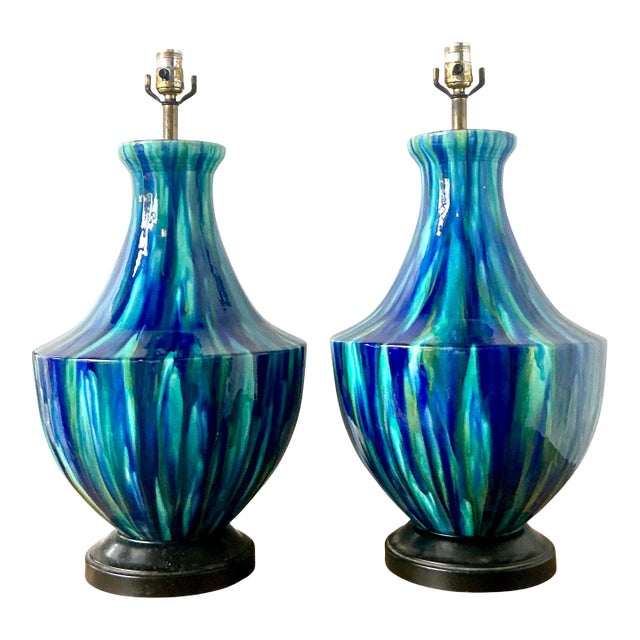 Vintage MCM Drip Glazed Ceramic Lamps - A Pair For Sale