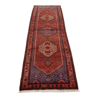 Zanjan Runner 3’6” X 9’3” Red Wool Vintage Tribal Hand-Knotted Oriental Rug For Sale