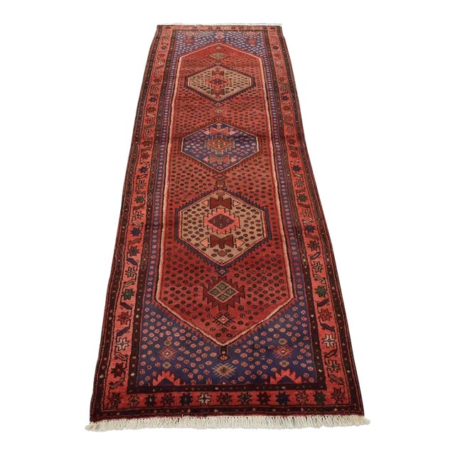 Zanjan Runner 3’6” X 9’3” Red Wool Vintage Tribal Hand-Knotted Oriental Rug For Sale